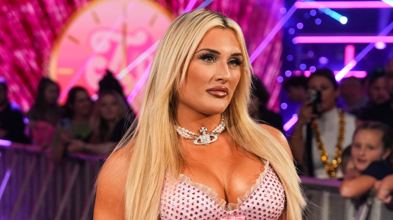 Tiffany Stratton makes her entrance during SmackDown at Rupp Arena on June 13, 2025 in Lexington, Kentucky.