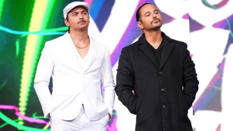 The Young Bucks appear on the stage during "AEW Dynamite" with their new heel looks.