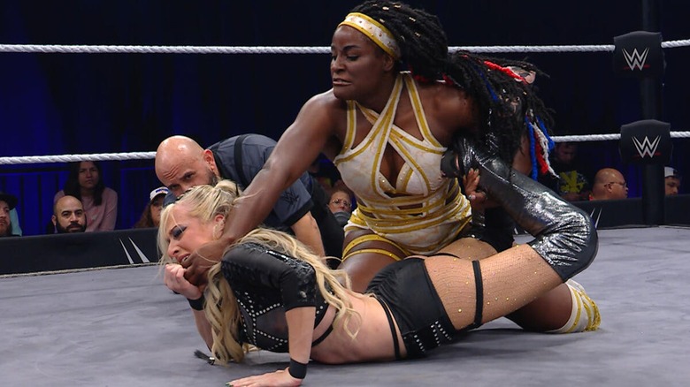 Tyra Mae Steele locking Karmen Petrovic into a submission during a clash on 