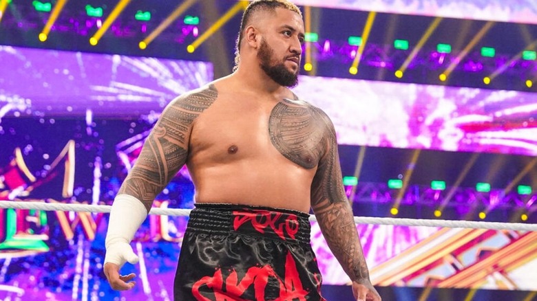 Solo Sikoa stands in the ring before his match with John Cena at WWE's Crown Jewel event.