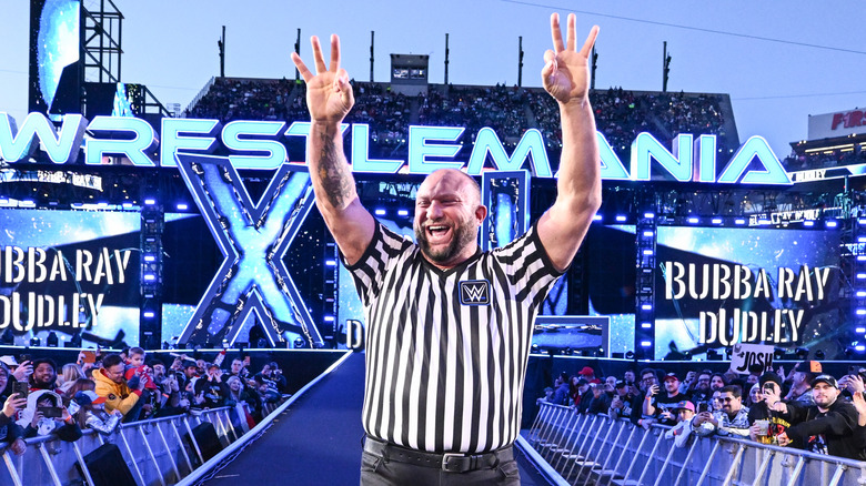 Bully Ray Dudley enters the ring as special referee for the Six-Man Philadelphia Street Fight during Night Two of WrestleMania 40 at Lincoln Financial Field on April 7, 2024 in Philadelphia, Pennsylvania.