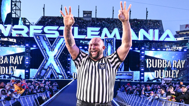 Bully Ray Dudley enters the ring as special referee for the Six-Man Philadelphia Street Fight during Night Two of WrestleMania 40 at Lincoln Financial Field on April 7, 2024 in Philadelphia, Pennsylvania.