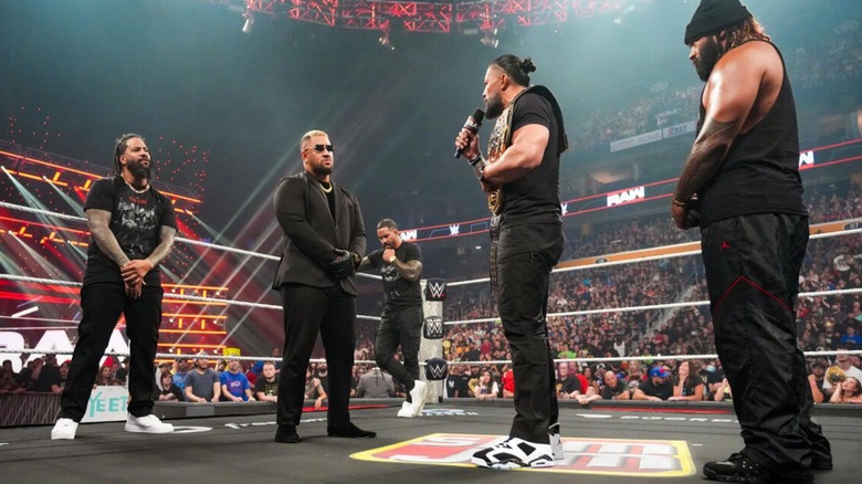 Roman Reigns addressed Solo Sikoa in a promo, as the Usos and Jacob Fatu look on, during the August 17, 2026 edition of 