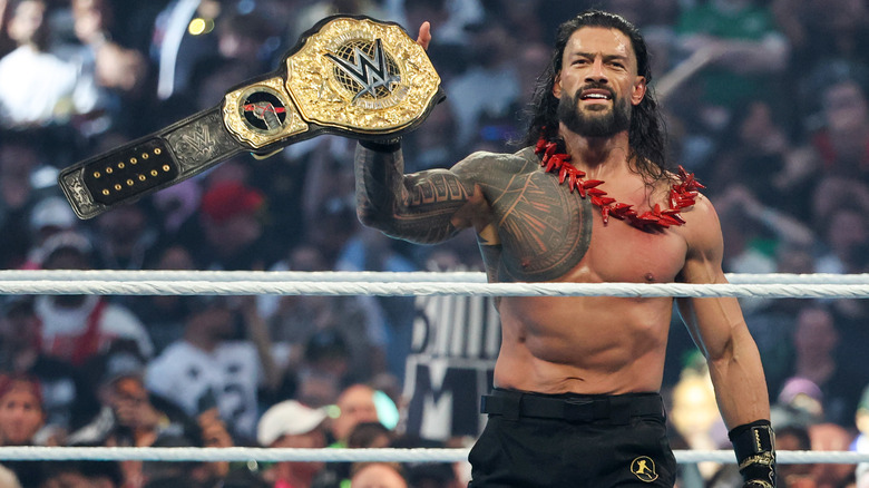 Roman Reigns celebrates after defeating CM Punk to win the World Heavyweight Championship match during WrestleMania 42 at Allegiant Stadium on April 19, 2026 in Las Vegas, Nevada.