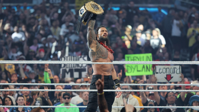 Roman Reigns celebrates after defeating CM Punk during the World Heavyweight Championship match during WrestleMania 42 at Allegiant Stadium on April 19, 2026 in Las Vegas, Nevada.