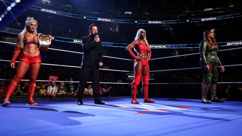 Mark Nash announces Tiffany Stratton, Jade Cargill, and Nia Jax before their main event match on "WWE SmackDown"