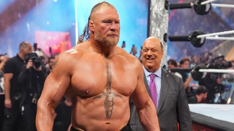Brock Lesnar heads to the ring, flanked by Paul Heyman, for his match against Oba Femi at WWE Clash in Italy 2026.