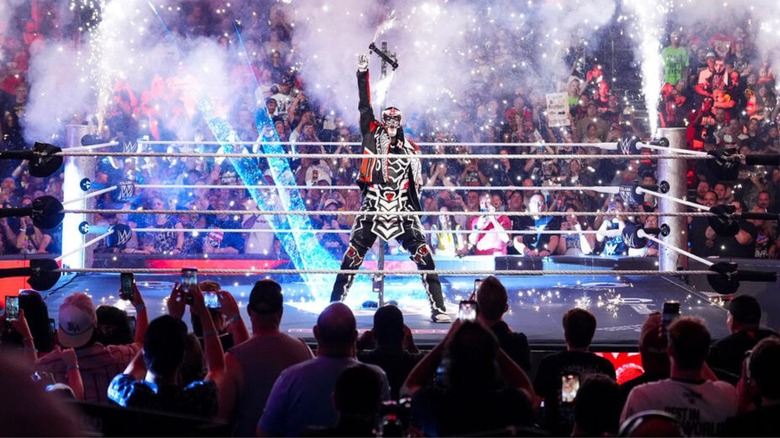 Penta poses in the ring, amongst all his pyro going off, on the August 31, 2026 episode of 