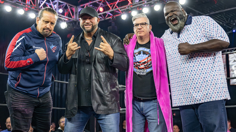 The hosts of Busted Open Radio, Tommy Dreamer, Bully Ray, Dave LaGreca, and Mark Henry during the 2024 