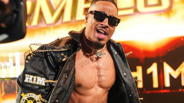 Carmelo Hayes makes his way down to the ring before a match on 