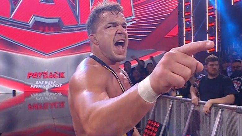 Chad Gable gestures and yells to GUNTHER after defeating the champion in a match on "WWE Raw."