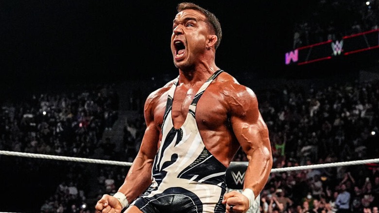 Chad Gable shouting towards the crowd after returning during an episode of 