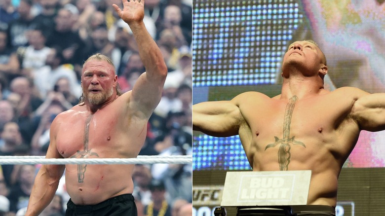[Left] Brock Lesnar at WWE WrestleMania 42 and [Right] Brock Lesnar weighs in for UFC 200