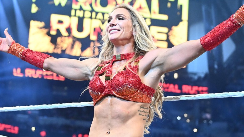 Charlotte Flair celebrating after winning the 2025 Royal Rumble.