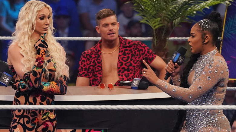 Charlotte Flair and Bianca Belair cutting a promo on each other
