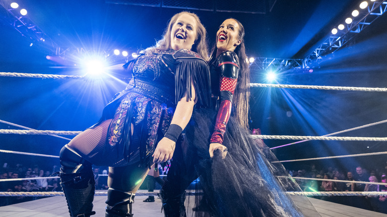 Piper Niven and Chelsea Green make their entrance during a WWE live event on November 6, 2024 at the Utilita Arena Sheffield in Sheffield, England.