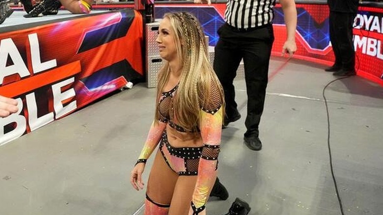 Chelsea Green sulks at ringside after being eliminated from the 2023 Royal Rumble within seconds.