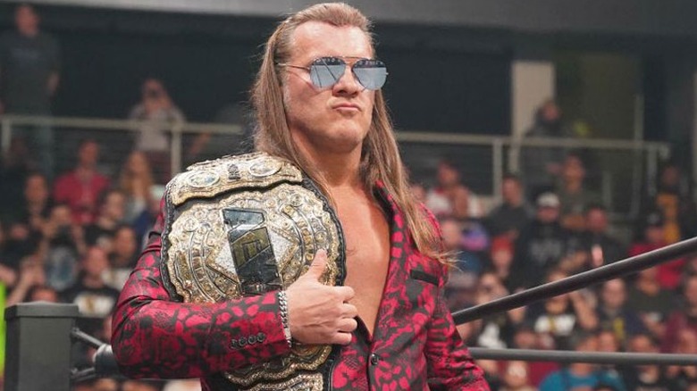 "Le Champion" Chris Jericho graces the fans with his presence at an AEW event holding the AEW World Championship