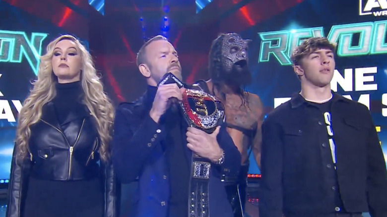 Christian Cage addresses the crowd alongside Shayna Wayne, Killswitch, and Nick Wayne.