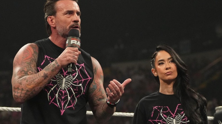 CM Punk and AJ Lee cut a promo on Becky Lynch and Seth Rollins in the ring during an episode of "WWE Raw."