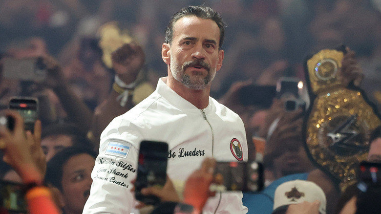 CM Punk is introduced before his match against Roman Reigns for the World Heavyweight Championship during WrestleMania 42 at Allegiant Stadium on April 19, 2026 in Las Vegas, Nevada.