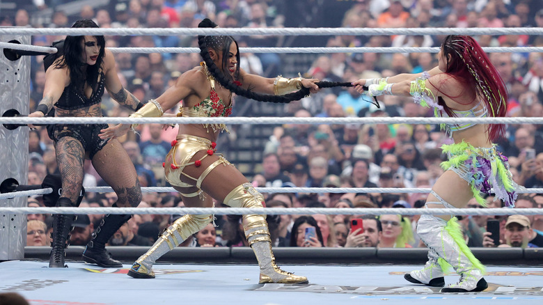 Rhea Ripley, Bianca Belair and IYO SKY at WWE WrestleMania 41