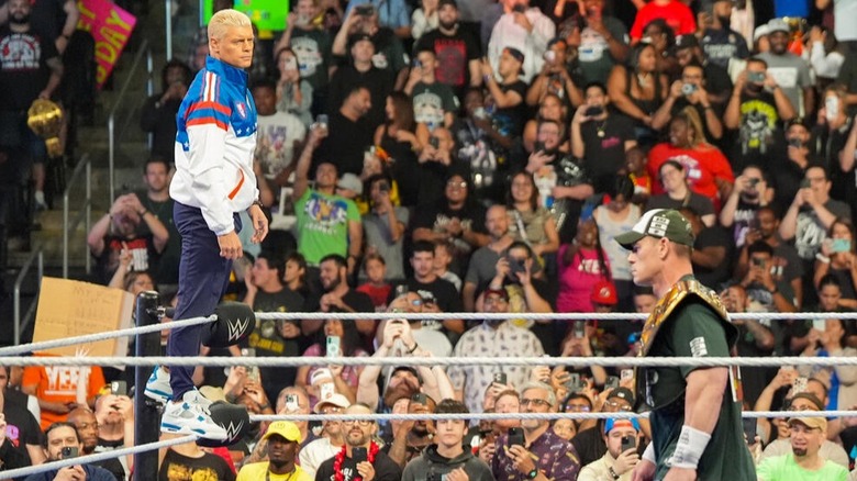 Standing on the middle rope after his entrance, Cody Rhodes does not buy the nice guy act John Cena has planned before their Street Fight match at SummerSlam 2025