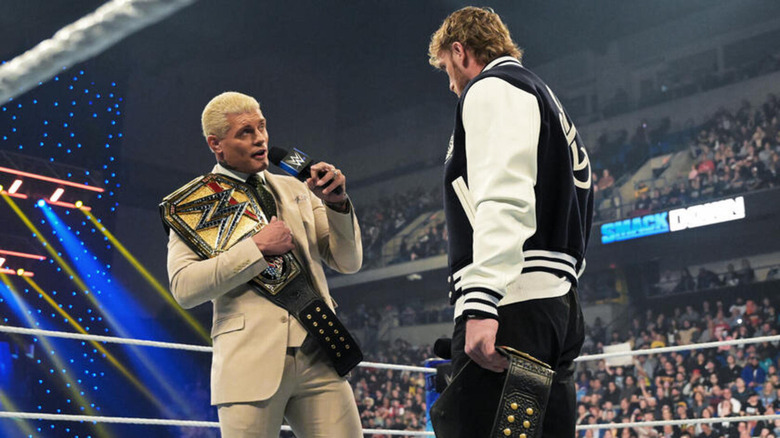 Undisputed WWE Champion Cody Rhodes confronts United States Champion Logan Paul on the micrphone.