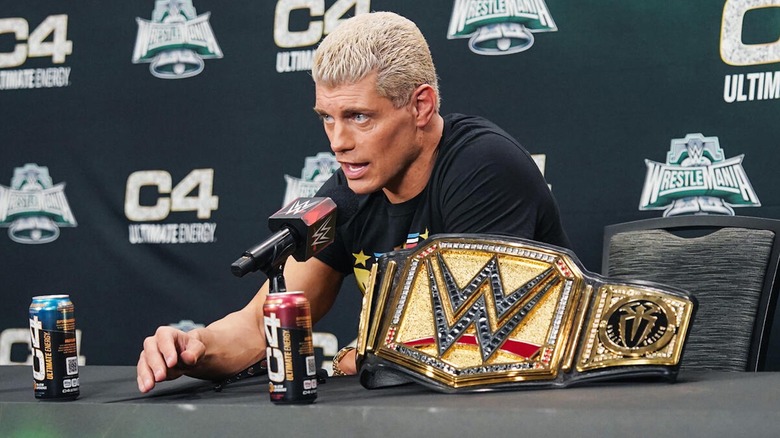 Cody Rhodes addresses the media after WrestleMania 40.