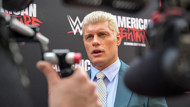 Cody Rhodes speaks to media on the red carpet