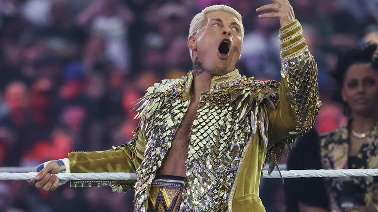 Cody Rhodes cheers as he makes his entrance at WWE WrestleMania 42.