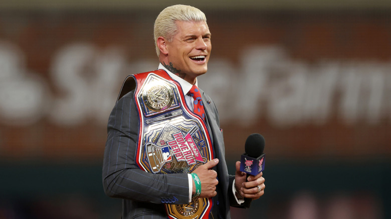 Professional wrestler Cody Rhodes speaks to the crowd during the Home Run Derby at Truist Park on July 14, 2025 in Atlanta, Georgia.