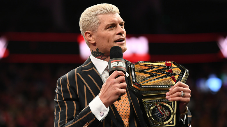 Undisputed WWE Champion Cody Rhodes addresses the crowd during Monday Night RAW at The O2 Arena on March 31, 2025 in London, England.
