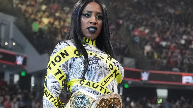Naomi wearing her caution tape outfit
