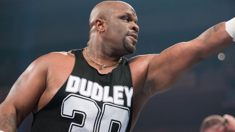 D-Von Dudley motions for his tag team partner in the middle of the ring during a match on WWE programming.