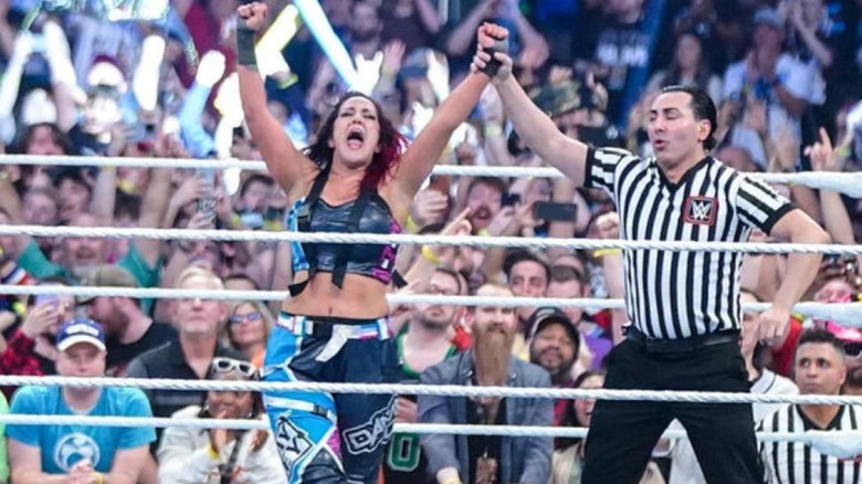 Bayley celebrating winning Royal Rumble
