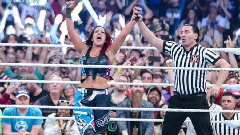 Bayley celebrating winning Royal Rumble