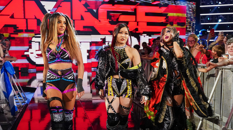 Dakota Kai, IYO SKY and Kairi Sane of Damage CTRL enter the arena during Monday Night RAW at Canadian Tire Centre on July 8, 2024 in Ottawa, Ontario.