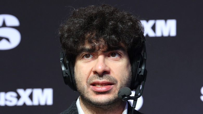 Tony Khan speaks on SiriusXM at Super Bowl LVIII on February 08, 2024 in Las Vegas, Nevada