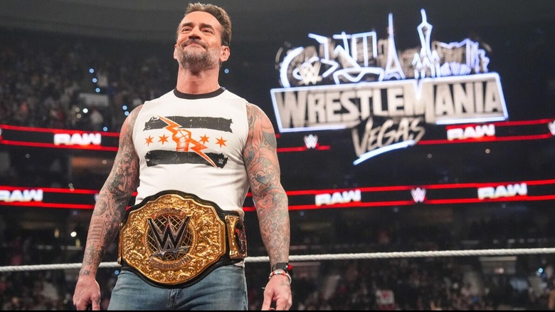 The WWE World Heavyweight Champion CM Punk smiles on after his face-to-face confrontation with Roman Reigns