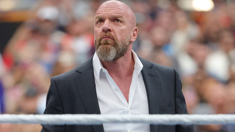Triple H in ring during WrestleMania 41, addressing the fans ahead of the massive Premium Live Event.