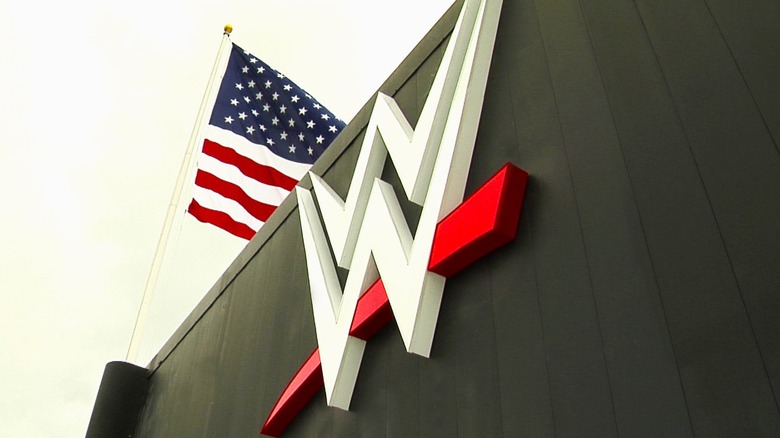 An American flag flies behind WWE headquarters.