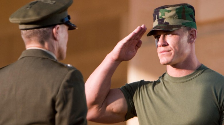 John Cena saluting his general during a scene for his movie, "The Marine" (2006).