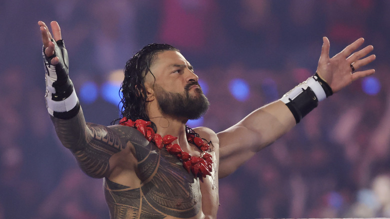 Roman Reigns looks on before his Triple Threat match against CM Punk and Seth Rollins during WrestleMania 41 at Allegiant Stadium on April 19, 2025 in Las Vegas, Nevada.