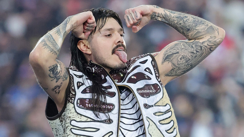 "Dirty" Dominik Mysterio flexes his muscles before his match at WrestleMania 41 this past April