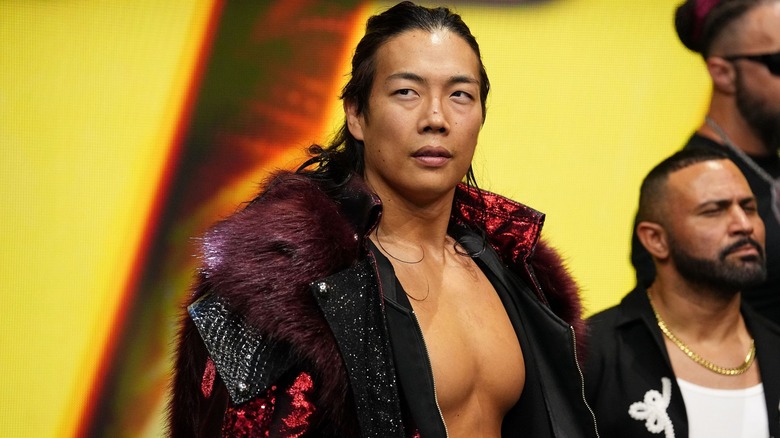 Konosuke Takeshita looks to a spot off-frame during his entrance.
