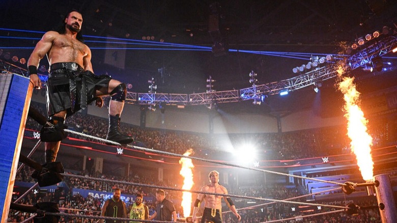 Drew McIntyre poses tall on the top rope before competing in the 2025 Men's WarGames advantage match