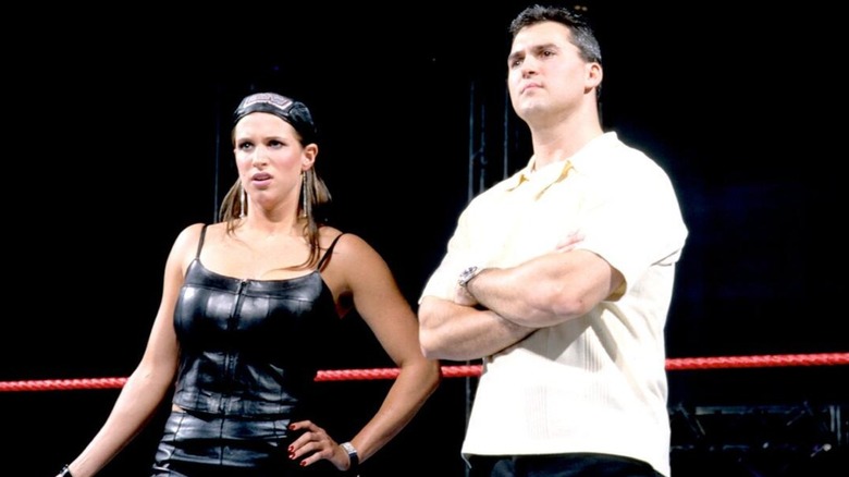 Stephanie and Shane McMahon in ring during the WCW/ECW Invasion storyline.