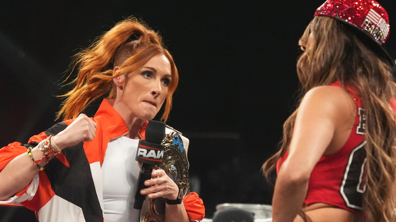 Becky Lynch punches Nikki Bella during Monday Night RAW at Barclays Center of Brooklyn on August 4, 2025 in New York, New York.