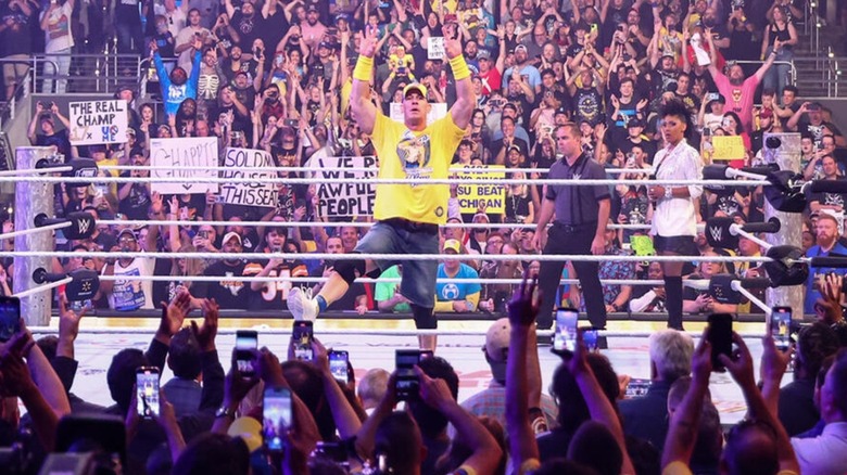 John Cena poses in the ring before his match against Brock Lesnar at WWE Wrestlepalooza 2026.